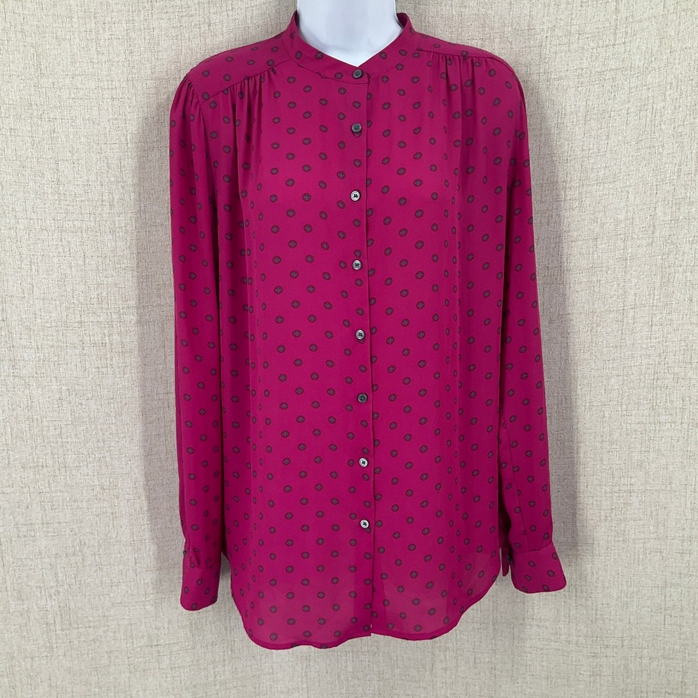 LOFT Blouse Womens Medium Pink Medallion Band Collar Button Up Classic Office‎